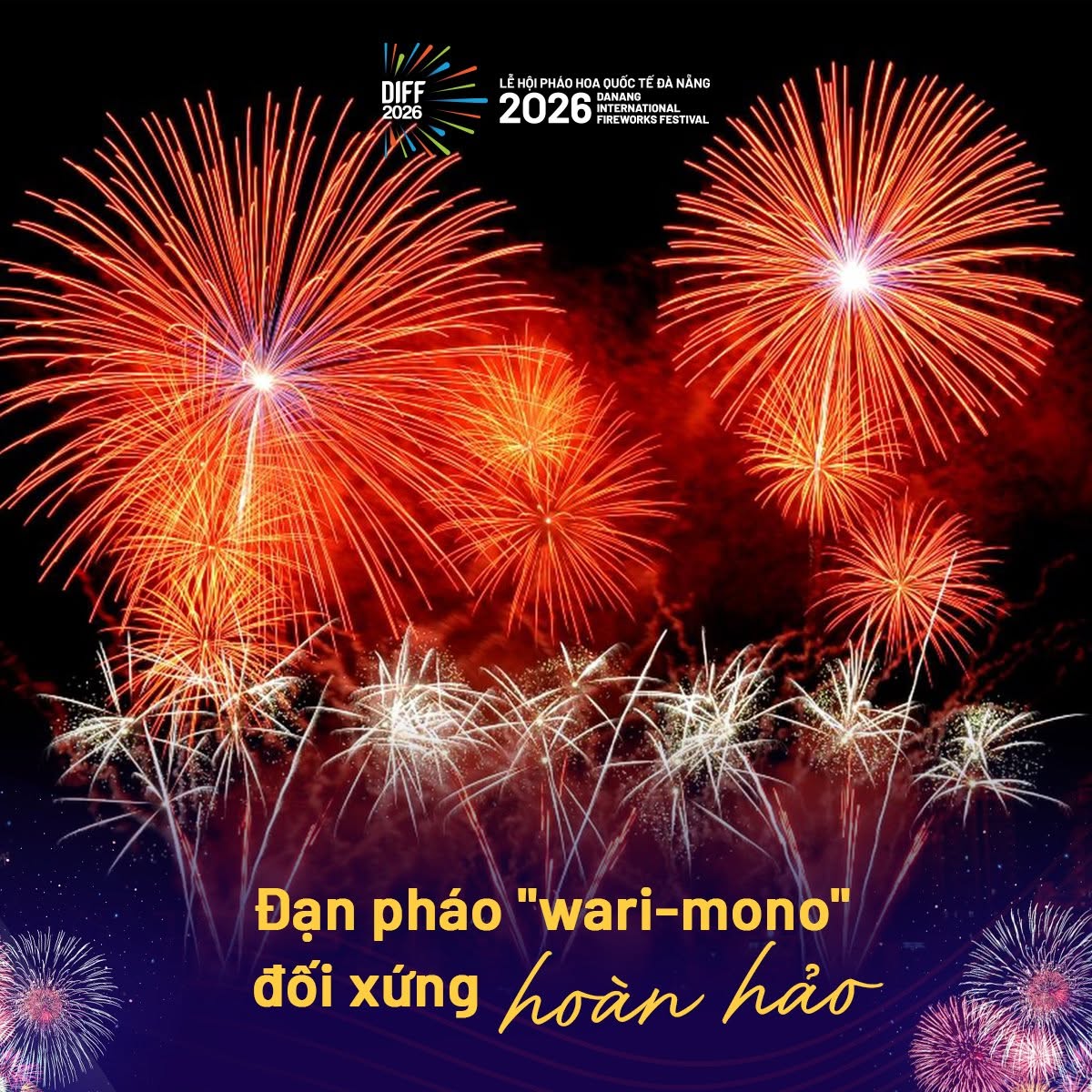 Màn pháo hoa "wari-mono" rực rỡ tại lễ hội DIFF 2026, tạo nên không gian lung linh và ấn tượng.